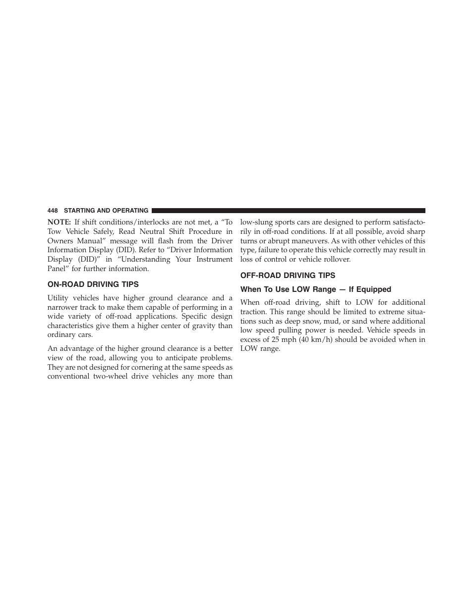 On-road driving tips, Off-road driving tips, When to use low range — if equipped | Dodge 2015 Durango - Owner Manual User Manual | Page 450 / 689