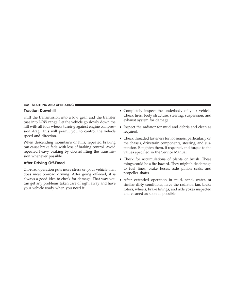 Traction downhill, After driving off-road | Dodge 2015 Durango - Owner Manual User Manual | Page 454 / 689