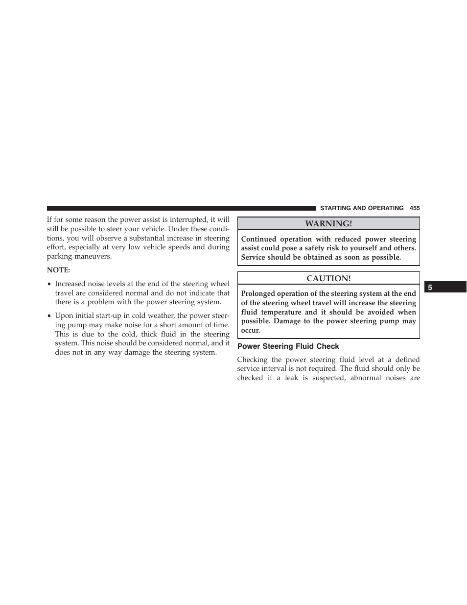 Power steering fluid check | Dodge 2015 Durango - Owner Manual User Manual | Page 457 / 689