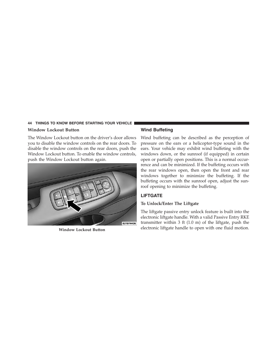 Window lockout button, Wind buffeting, Liftgate | Dodge 2015 Durango - Owner Manual User Manual | Page 46 / 689
