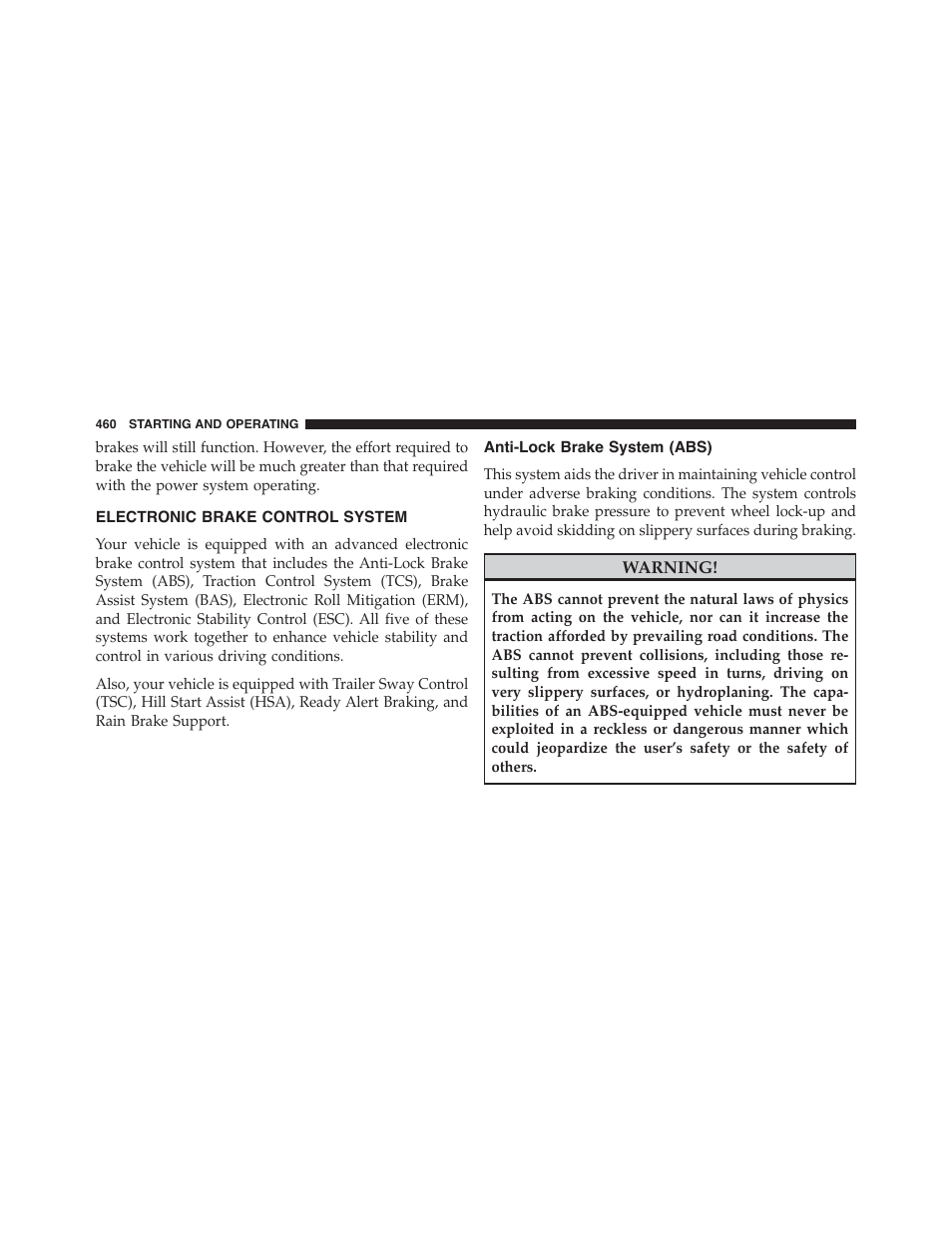 Electronic brake control system, Anti-lock brake system (abs) | Dodge 2015 Durango - Owner Manual User Manual | Page 462 / 689