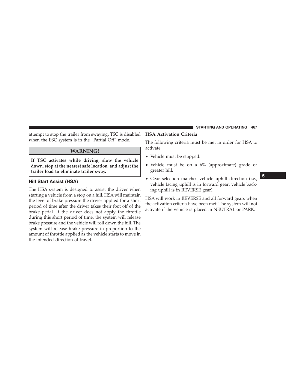 Hill start assist (hsa), Hsa activation criteria | Dodge 2015 Durango - Owner Manual User Manual | Page 469 / 689