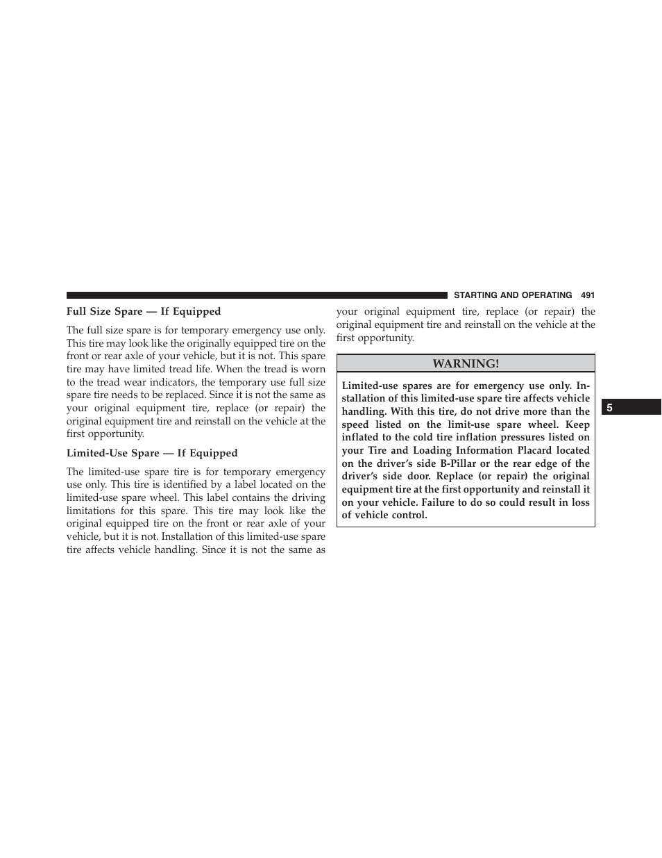 Full size spare — if equipped, Limited-use spare — if equipped | Dodge 2015 Durango - Owner Manual User Manual | Page 493 / 689