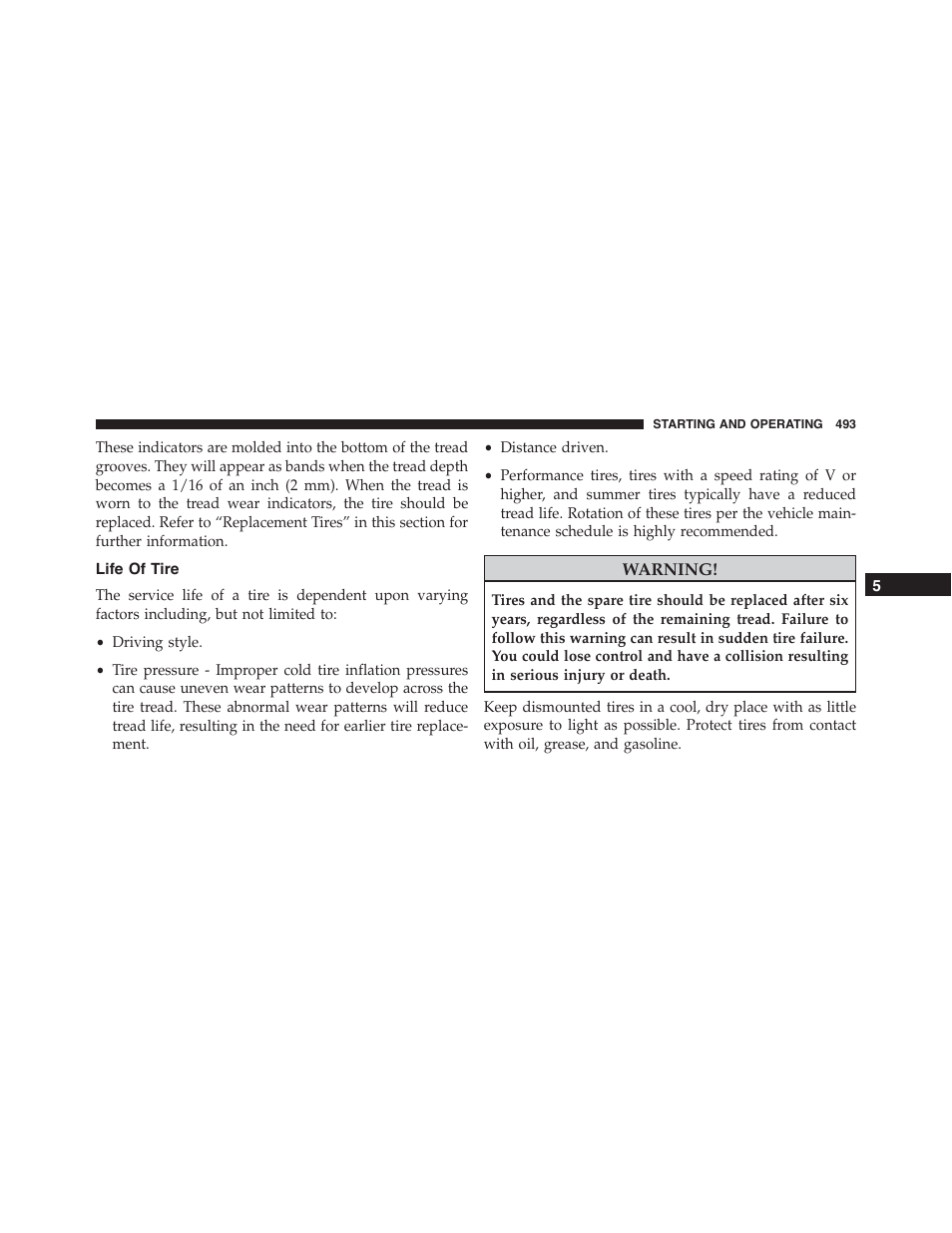 Life of tire | Dodge 2015 Durango - Owner Manual User Manual | Page 495 / 689