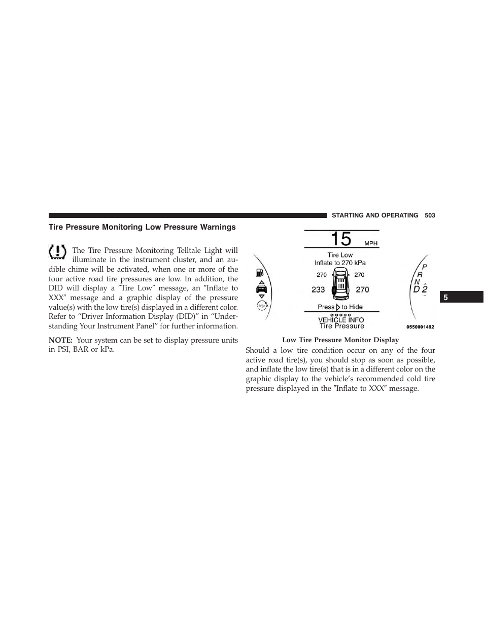 Tire pressure monitoring low pressure warnings, Tire pressure monitoring low pressure, Warnings | Dodge 2015 Durango - Owner Manual User Manual | Page 505 / 689