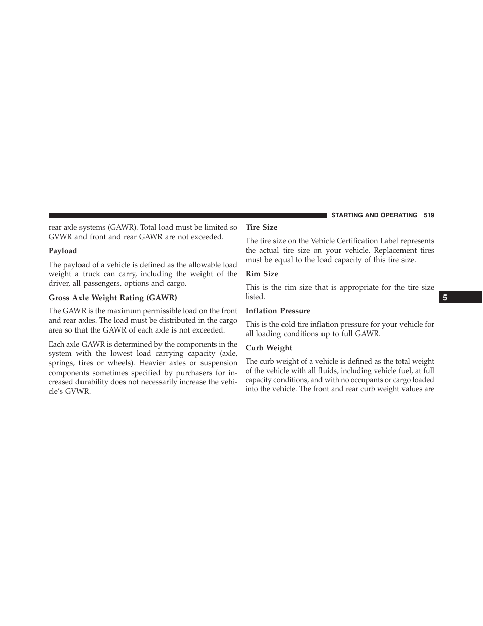 Payload, Gross axle weight rating (gawr), Tire size | Rim size, Inflation pressure, Curb weight | Dodge 2015 Durango - Owner Manual User Manual | Page 521 / 689