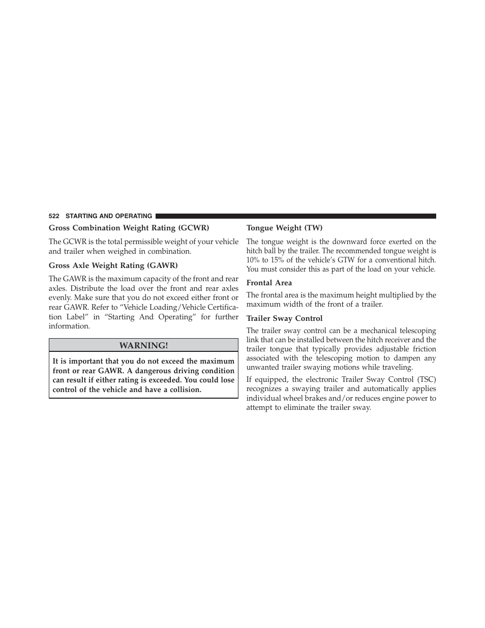 Gross combination weight rating (gcwr), Gross axle weight rating (gawr), Tongue weight (tw) | Frontal area, Trailer sway control | Dodge 2015 Durango - Owner Manual User Manual | Page 524 / 689