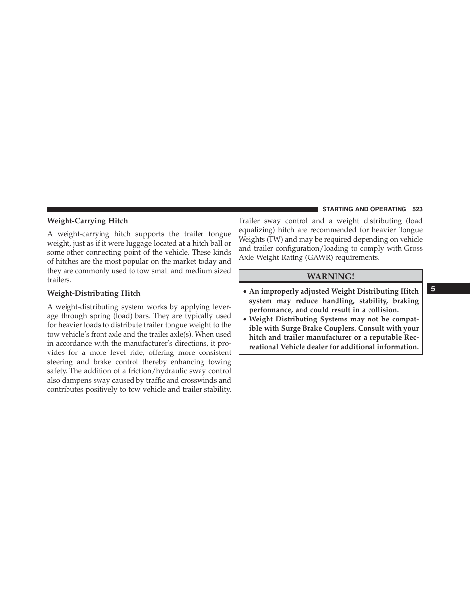 Weight-carrying hitch, Weight-distributing hitch | Dodge 2015 Durango - Owner Manual User Manual | Page 525 / 689
