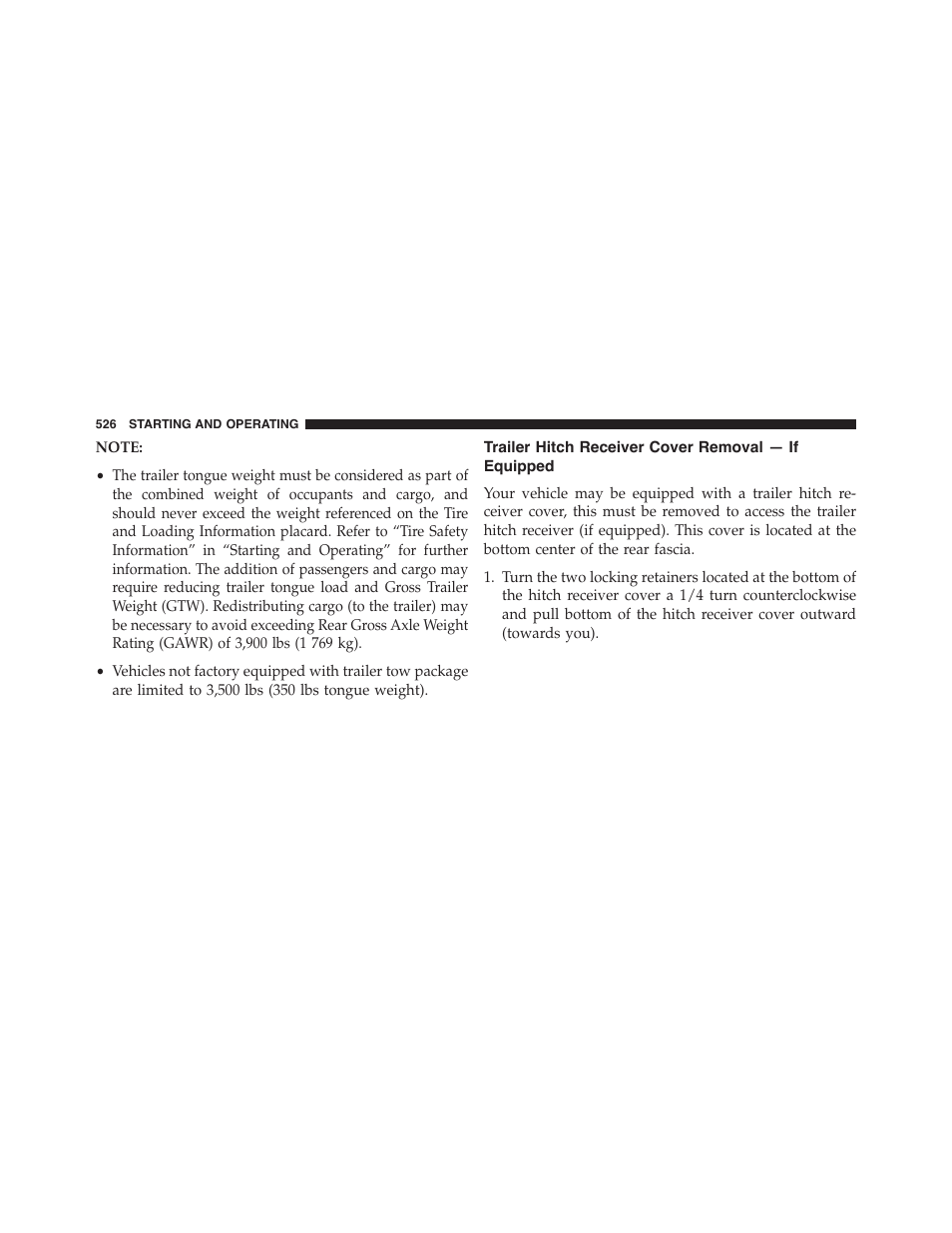 Trailer hitch receiver cover removal — if equipped, Trailer hitch receiver cover removal — if, Equipped | Dodge 2015 Durango - Owner Manual User Manual | Page 528 / 689