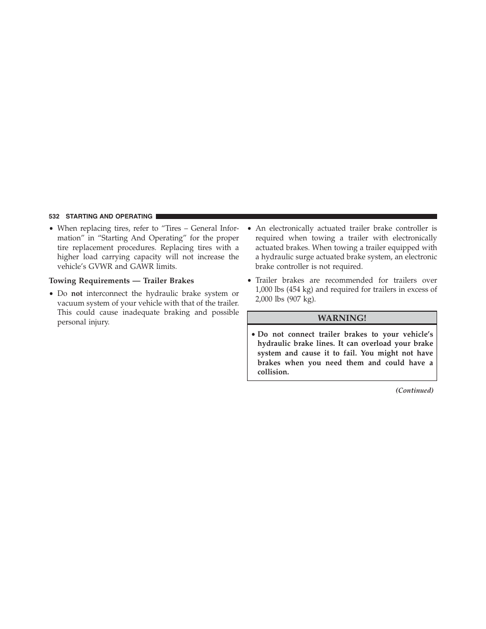 Towing requirements — trailer brakes | Dodge 2015 Durango - Owner Manual User Manual | Page 534 / 689