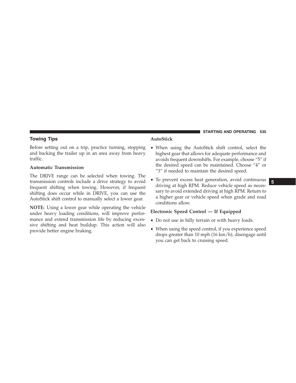 Towing tips, Automatic transmission, Autostick | Electronic speed control — if equipped | Dodge 2015 Durango - Owner Manual User Manual | Page 537 / 689