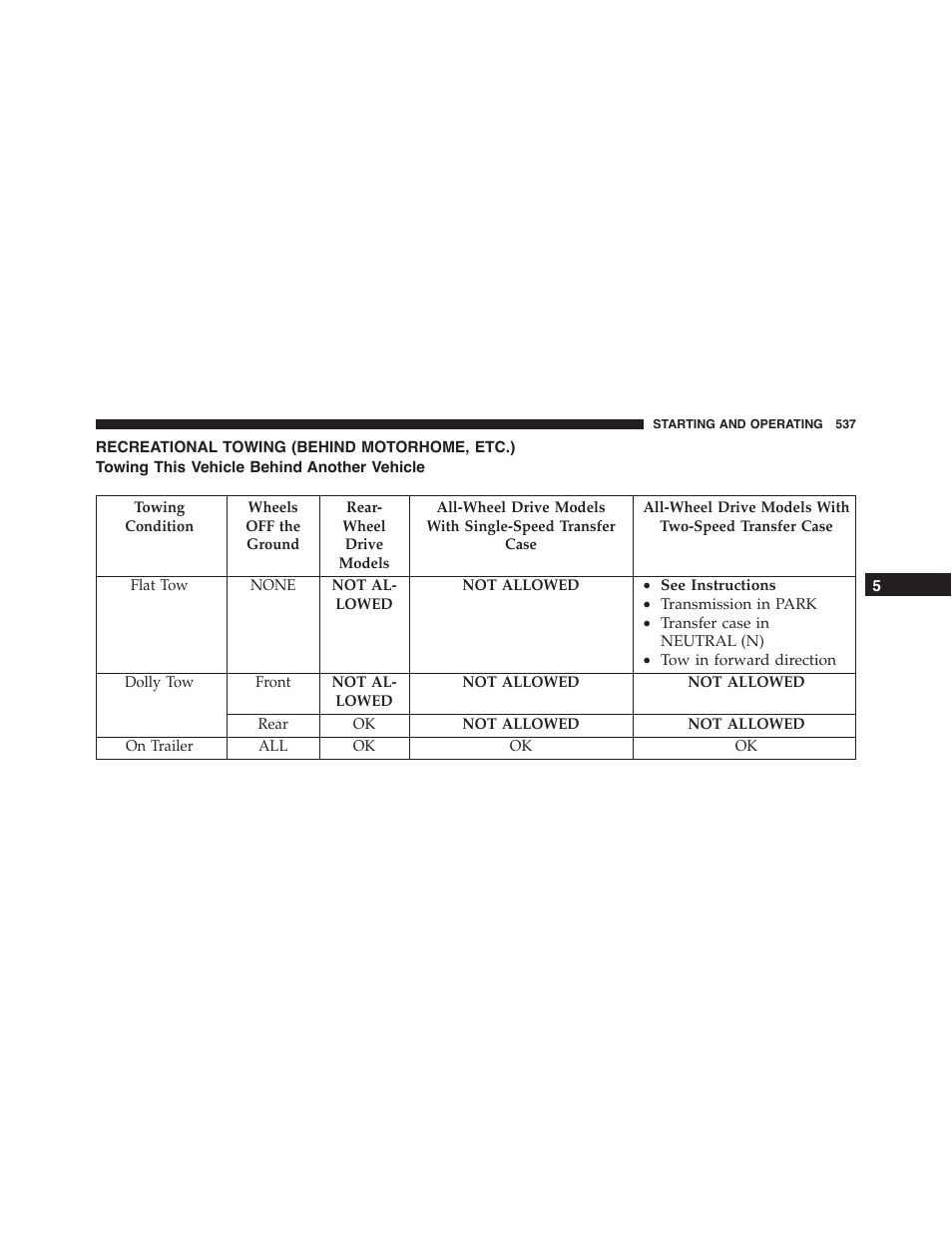 Recreational towing (behind motorhome, etc.), Towing this vehicle behind another vehicle, Recreational towing (behind | Motorhome, etc.) | Dodge 2015 Durango - Owner Manual User Manual | Page 539 / 689
