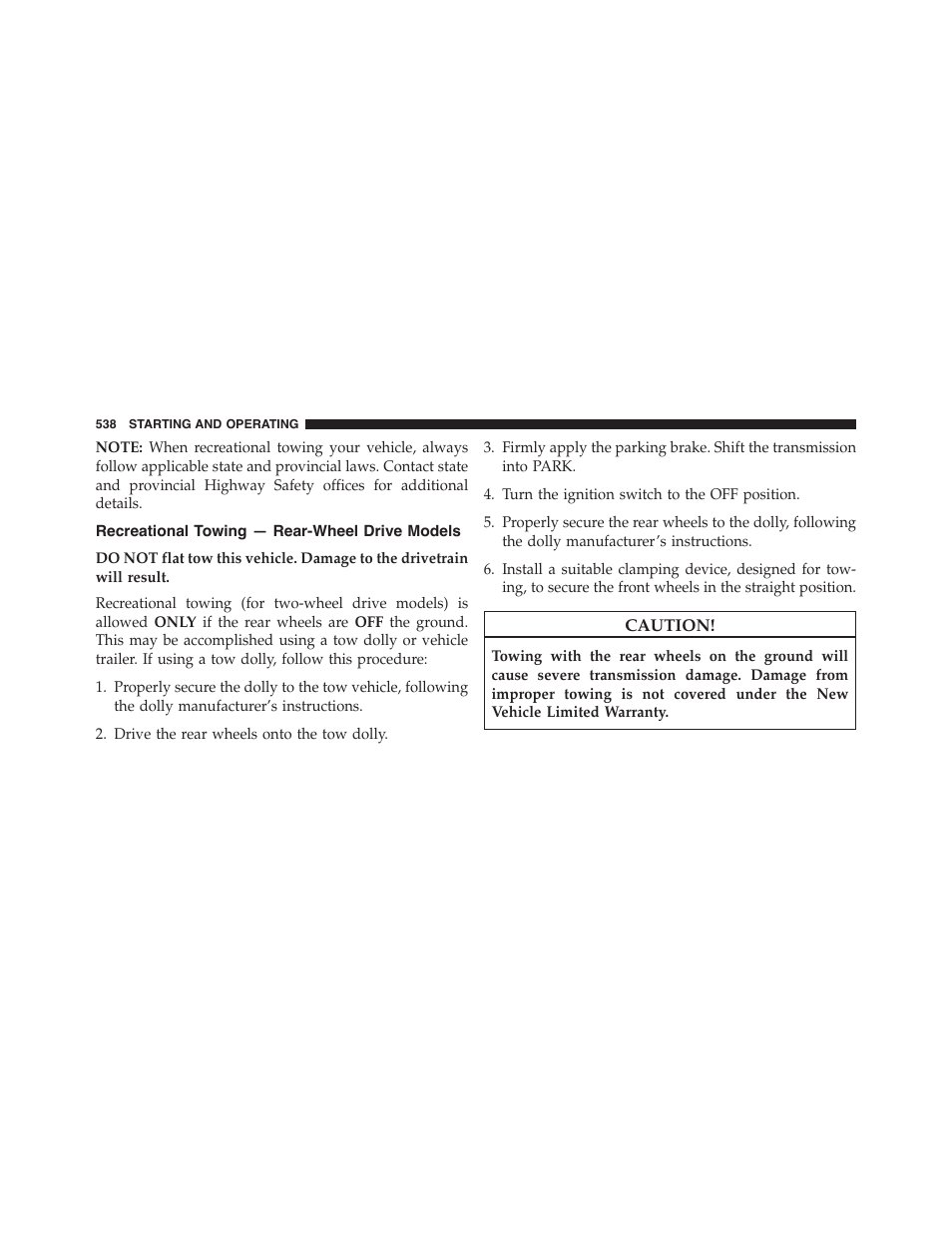 Recreational towing — rear-wheel drive models, Recreational towing — rear-wheel drive, Models | Dodge 2015 Durango - Owner Manual User Manual | Page 540 / 689