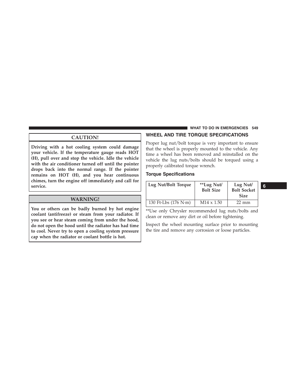 Wheel and tire torque specifications, Torque specifications, Wheel and tire torque | Specifications | Dodge 2015 Durango - Owner Manual User Manual | Page 551 / 689
