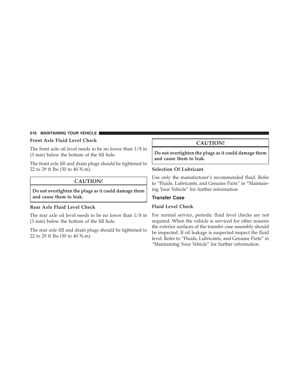 Front axle fluid level check, Rear axle fluid level check, Selection of lubricant | Transfer case, Fluid level check | Dodge 2015 Durango - Owner Manual User Manual | Page 618 / 689