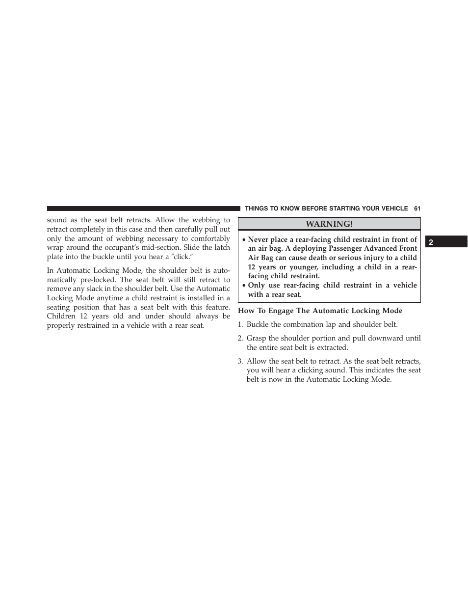 How to engage the automatic locking mode | Dodge 2015 Durango - Owner Manual User Manual | Page 63 / 689