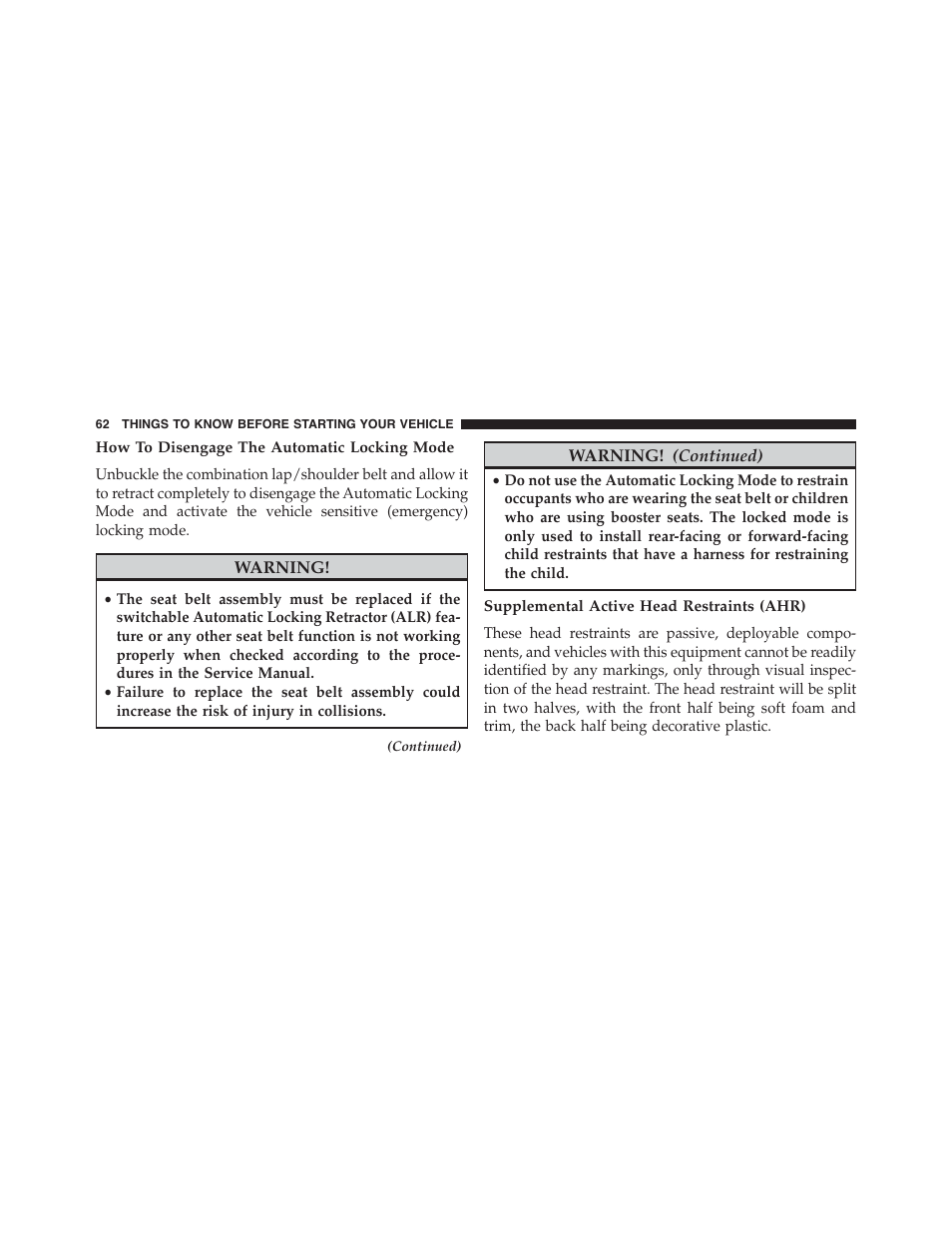 How to disengage the automatic locking mode, Supplemental active head restraints (ahr) | Dodge 2015 Durango - Owner Manual User Manual | Page 64 / 689