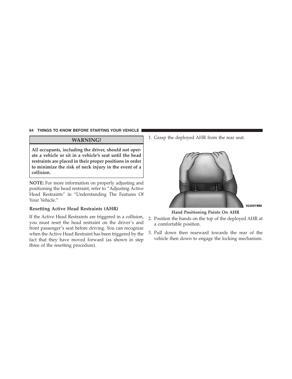 Resetting active head restraints (ahr) | Dodge 2015 Durango - Owner Manual User Manual | Page 66 / 689