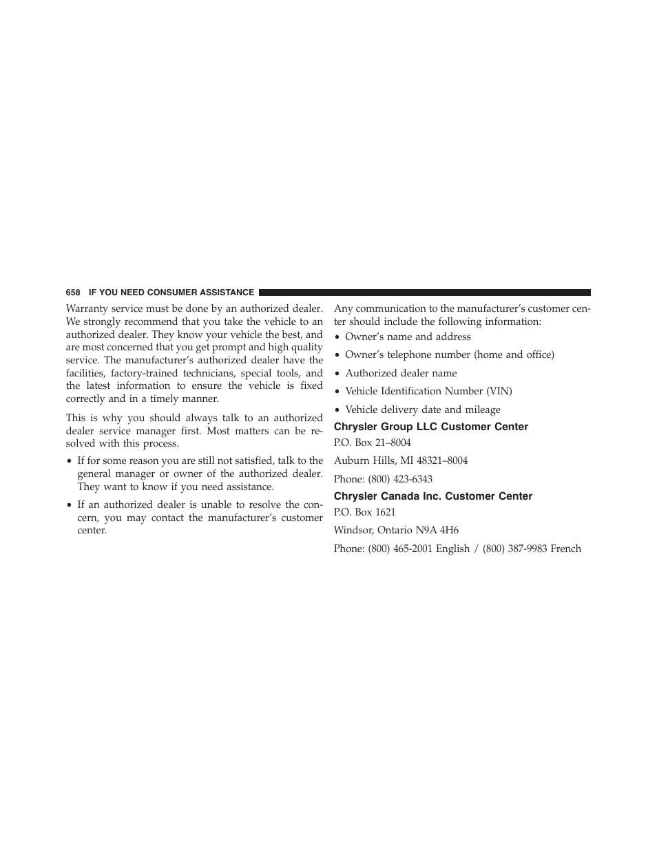 Chrysler group llc customer center, Chrysler canada inc. customer center | Dodge 2015 Durango - Owner Manual User Manual | Page 660 / 689