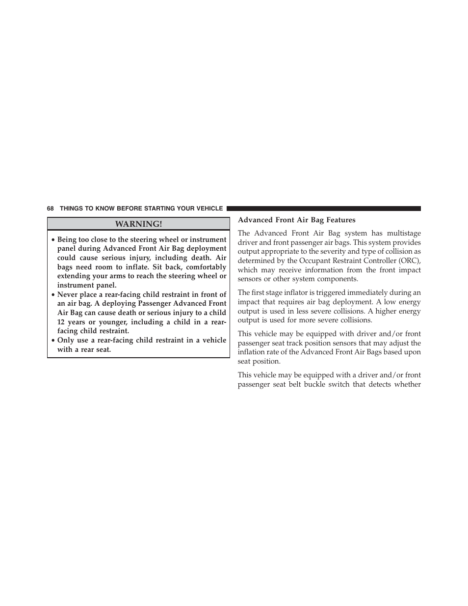 Advanced front air bag features | Dodge 2015 Durango - Owner Manual User Manual | Page 70 / 689