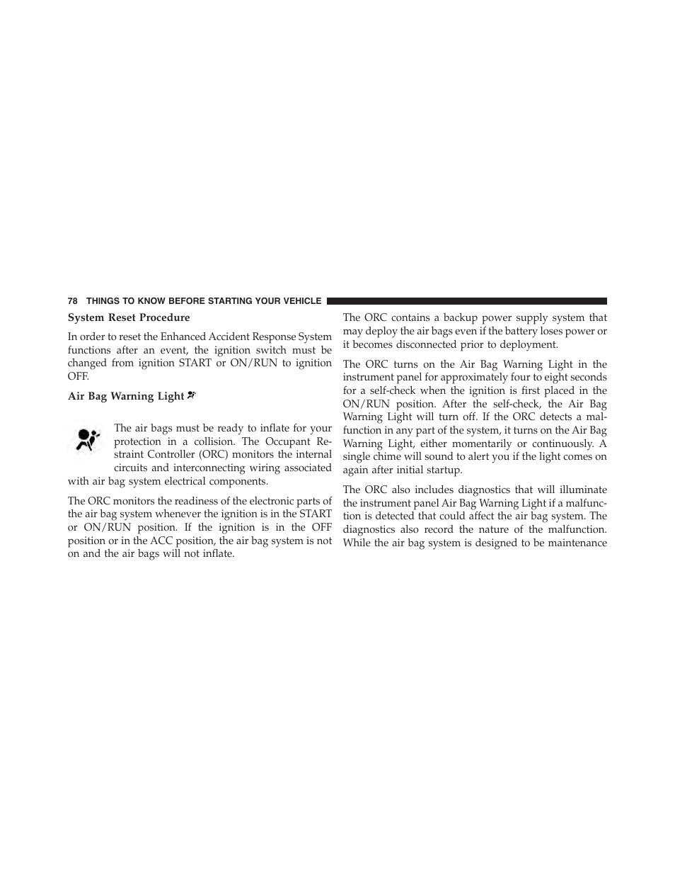 System reset procedure, Air bag warning light | Dodge 2015 Durango - Owner Manual User Manual | Page 80 / 689