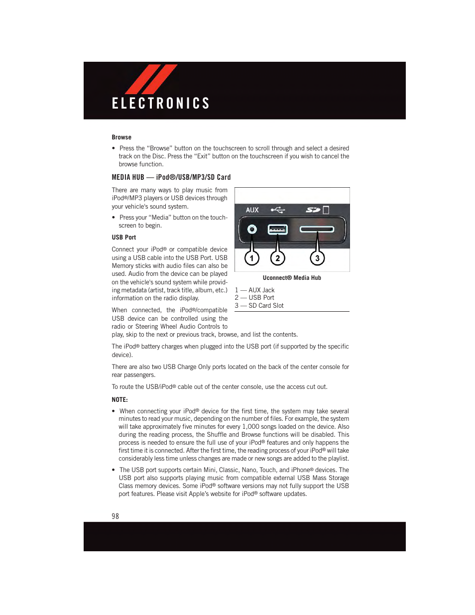 Media hub — ipod®/usb/mp3/sd card | Dodge 2015 Durango - User Guide User Manual | Page 100 / 228