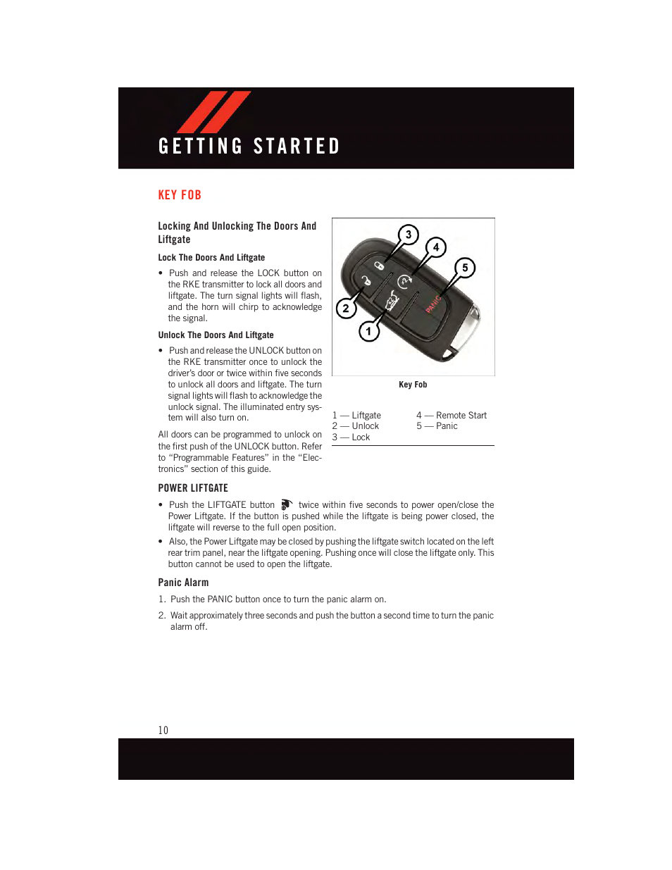 Getting started, Key fob, Locking and unlocking the doors and liftgate | Power liftgate, Panic alarm | Dodge 2015 Durango - User Guide User Manual | Page 12 / 228