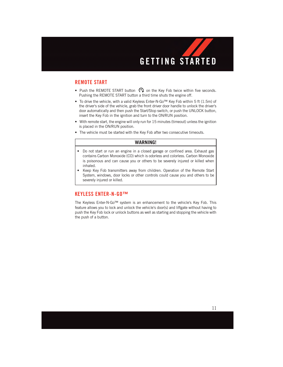Remote start, Keyless enter-n-go | Dodge 2015 Durango - User Guide User Manual | Page 13 / 228