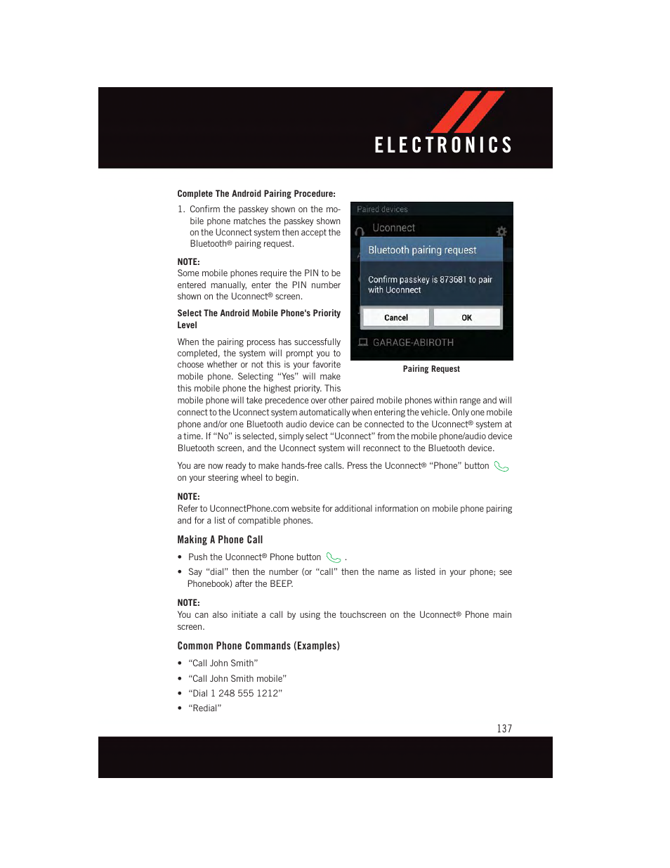 Making a phone call, Common phone commands (examples) | Dodge 2015 Durango - User Guide User Manual | Page 139 / 228