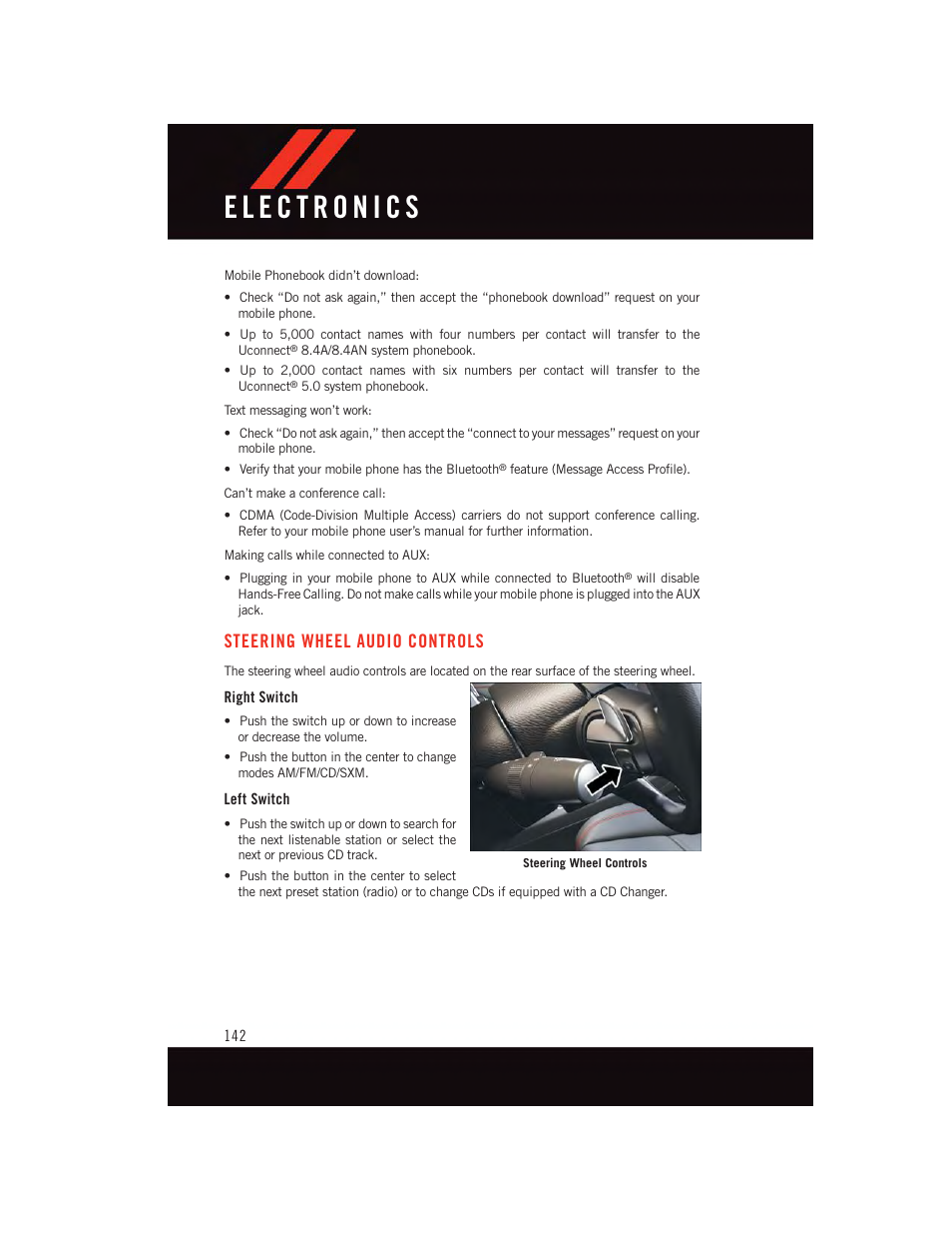 Steering wheel audio controls, Right switch, Left switch | Dodge 2015 Durango - User Guide User Manual | Page 144 / 228