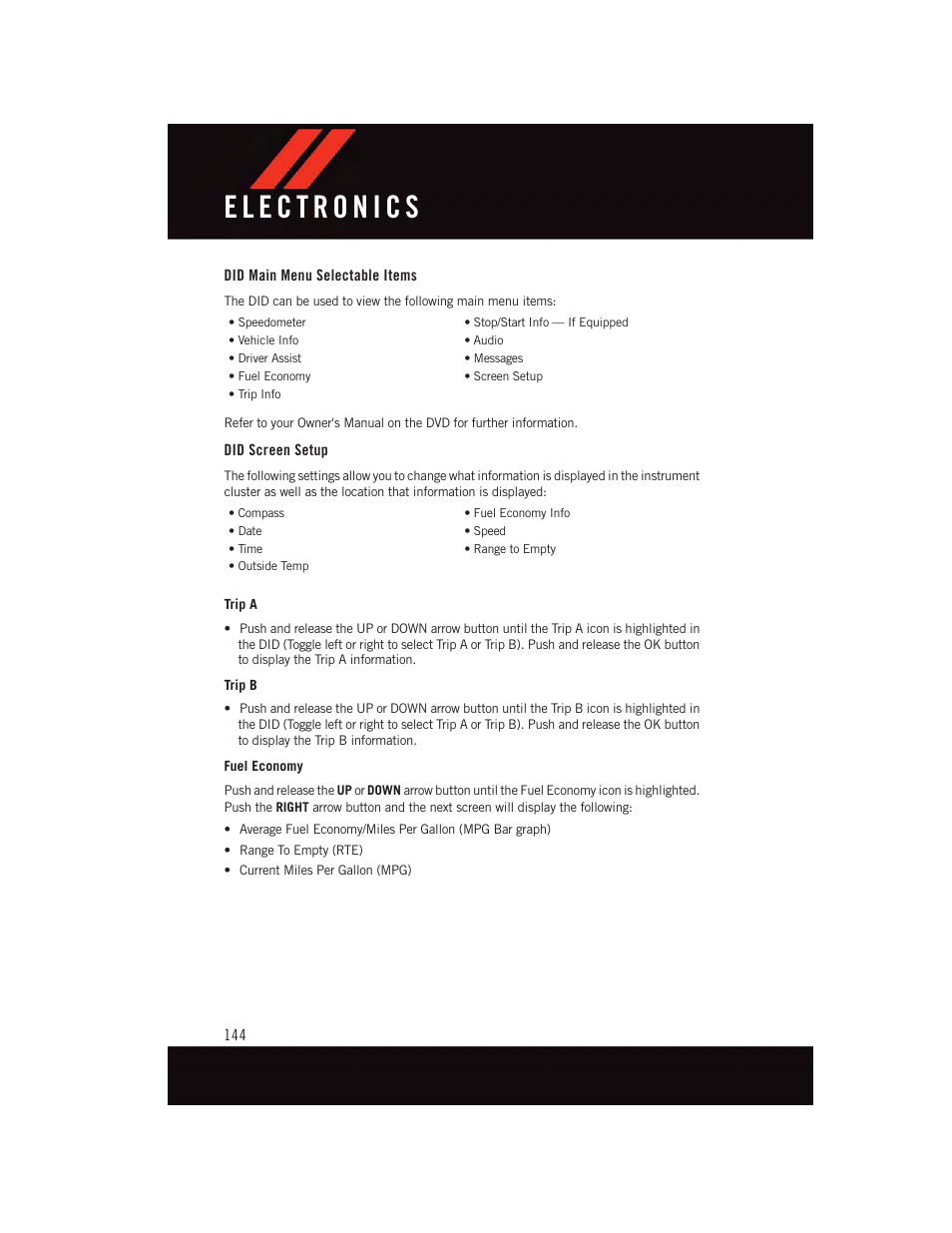 Did main menu selectable items, Did screen setup | Dodge 2015 Durango - User Guide User Manual | Page 146 / 228