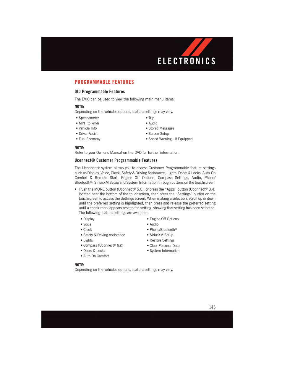 Programmable features, Did programmable features, Uconnect® customer programmable features | Dodge 2015 Durango - User Guide User Manual | Page 147 / 228