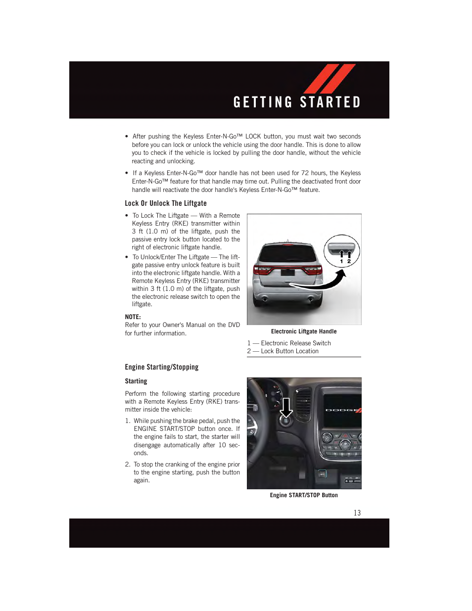 Lock or unlock the liftgate, Engine starting/stopping | Dodge 2015 Durango - User Guide User Manual | Page 15 / 228