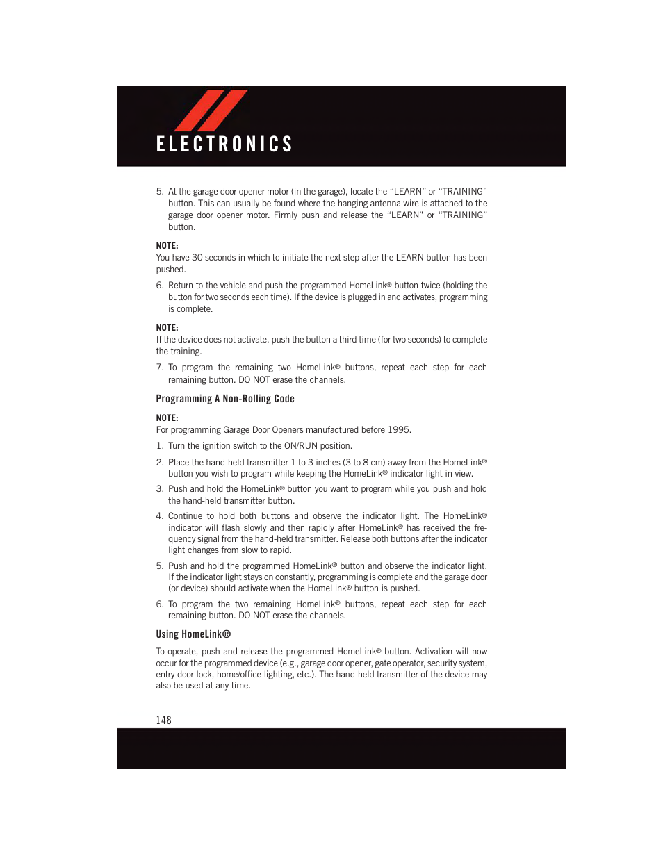 Programming a non-rolling code, Using homelink | Dodge 2015 Durango - User Guide User Manual | Page 150 / 228