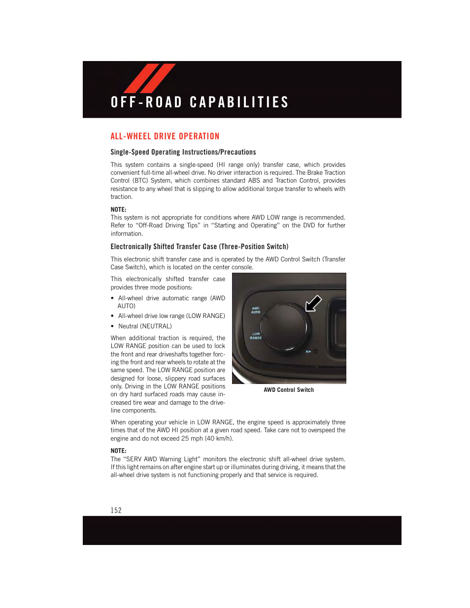 Off-road capabilities, All-wheel drive operation, Single-speed operating instructions/precautions | Dodge 2015 Durango - User Guide User Manual | Page 154 / 228