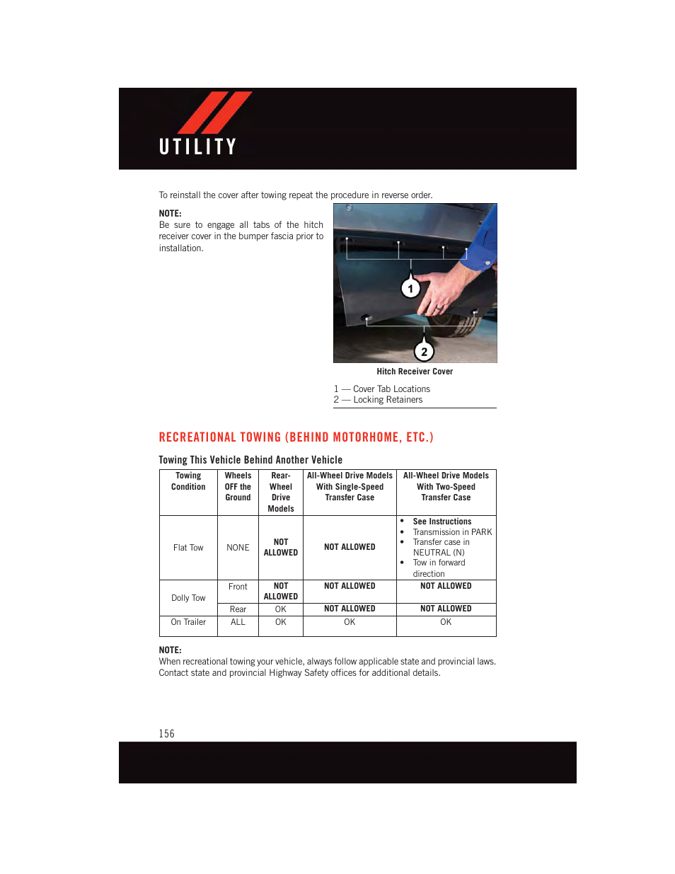 Recreational towing (behind motorhome, etc.), Towing this vehicle behind another vehicle, Recreational towing (behind | Motorhome, etc.) | Dodge 2015 Durango - User Guide User Manual | Page 158 / 228