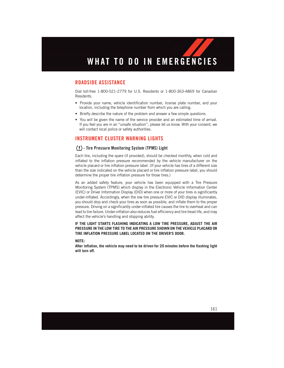 What to do in emergencies, Roadside assistance, Instrument cluster warning lights | Tire pressure monitoring system (tpms) light, Roadside assistance instrument cluster warning, Lights | Dodge 2015 Durango - User Guide User Manual | Page 163 / 228