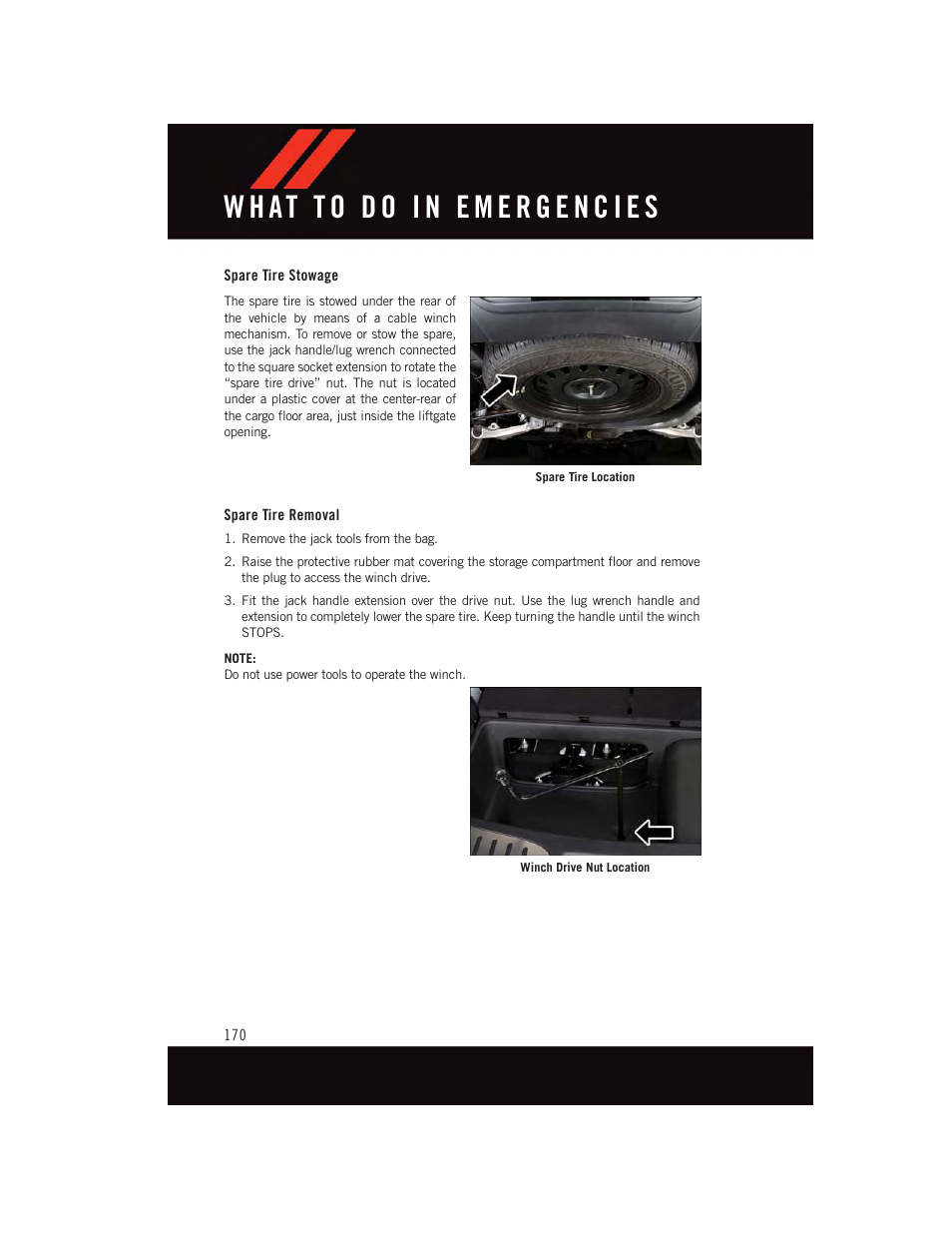 Spare tire stowage, Spare tire removal | Dodge 2015 Durango - User Guide User Manual | Page 172 / 228