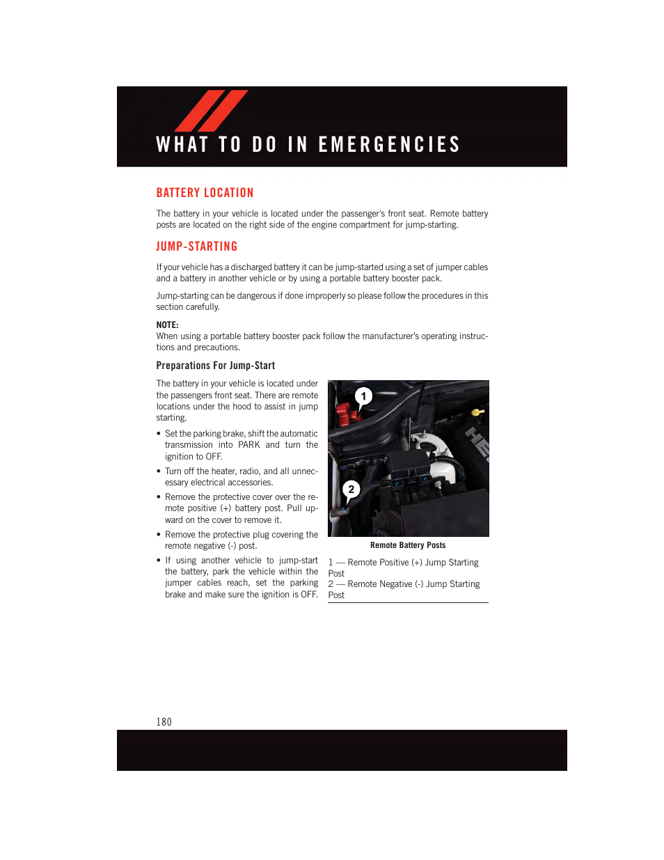 Battery location, Jump-starting, Preparations for jump-start | Dodge 2015 Durango - User Guide User Manual | Page 182 / 228
