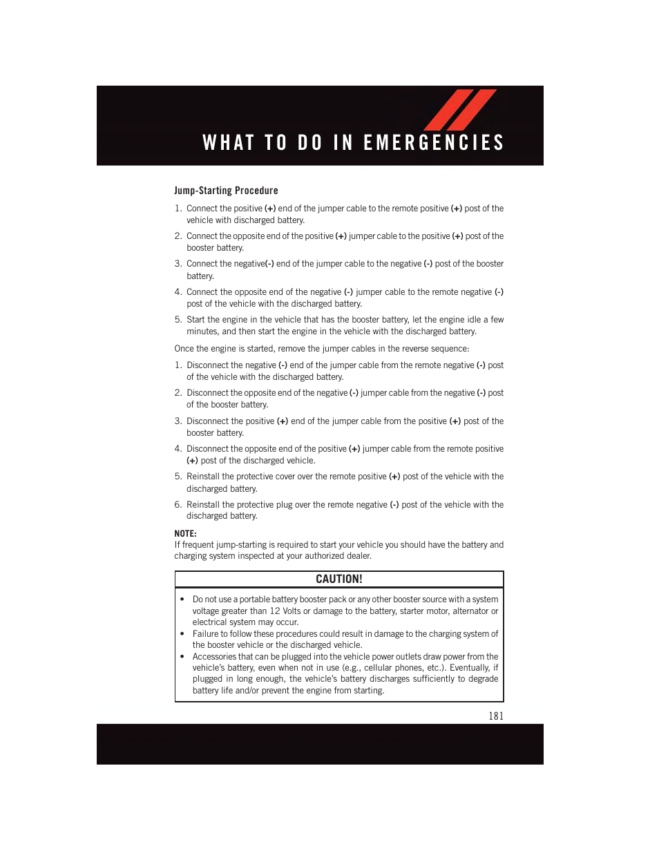 Jump-starting procedure | Dodge 2015 Durango - User Guide User Manual | Page 183 / 228