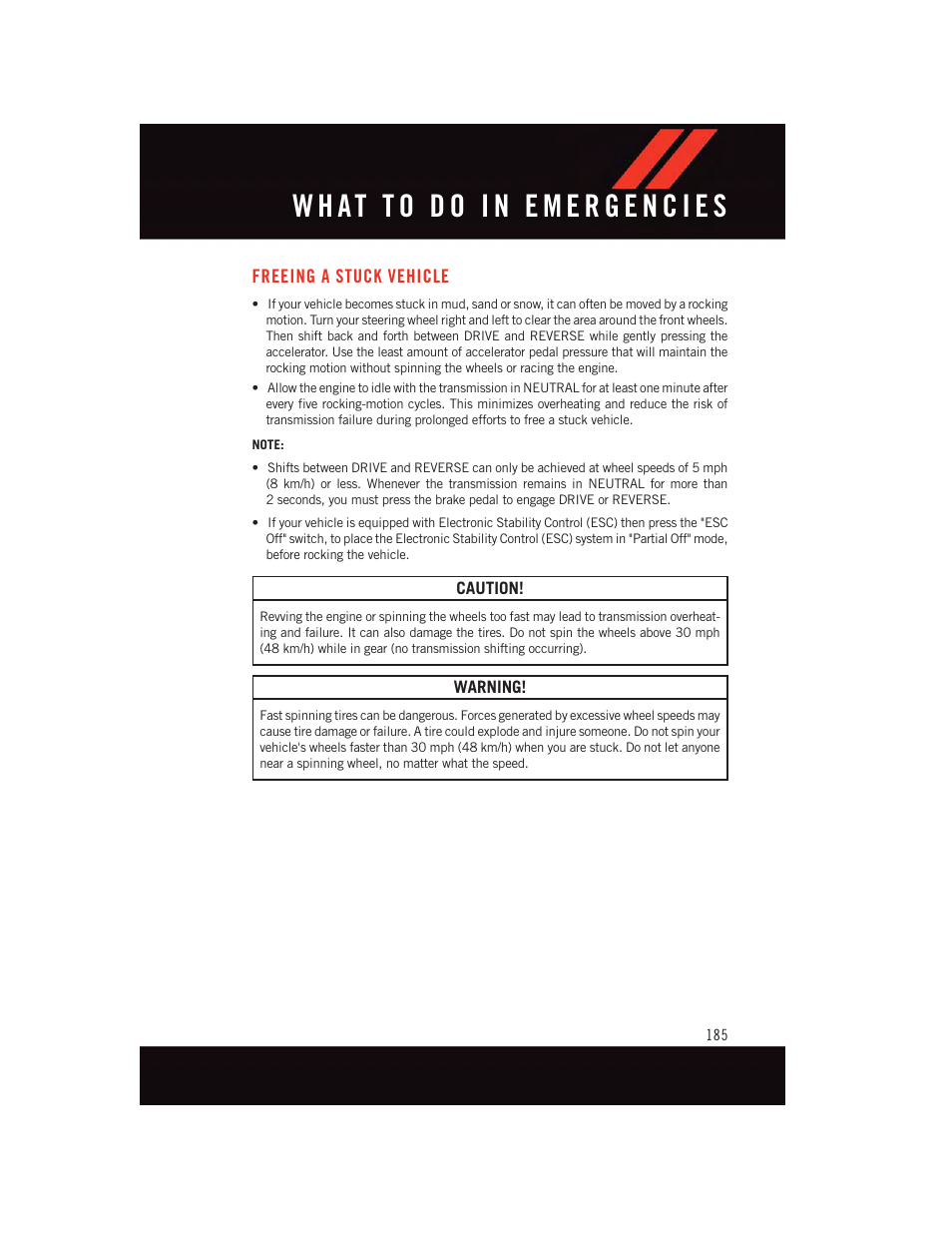 Freeing a stuck vehicle | Dodge 2015 Durango - User Guide User Manual | Page 187 / 228