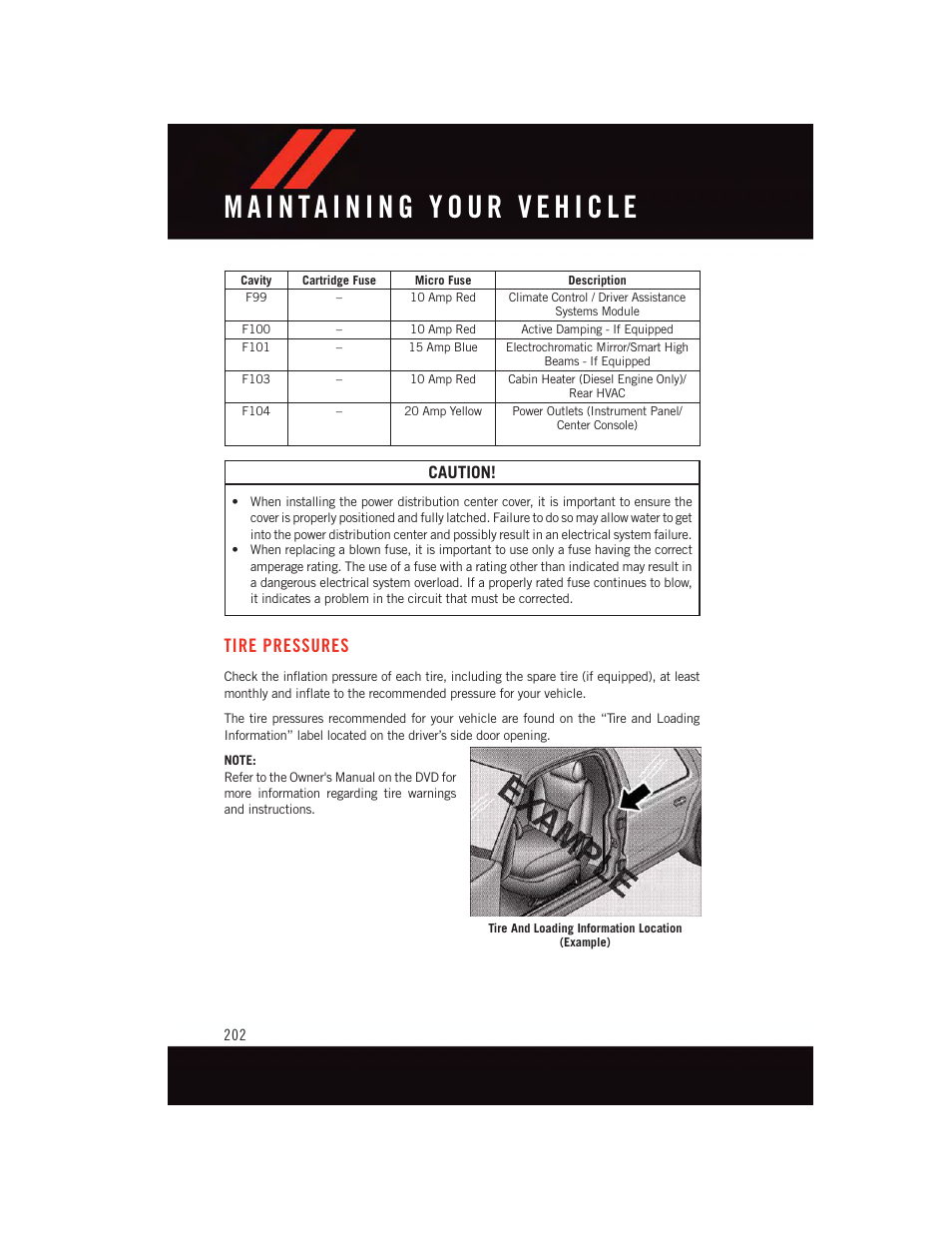 Tire pressures, Caution | Dodge 2015 Durango - User Guide User Manual | Page 204 / 228