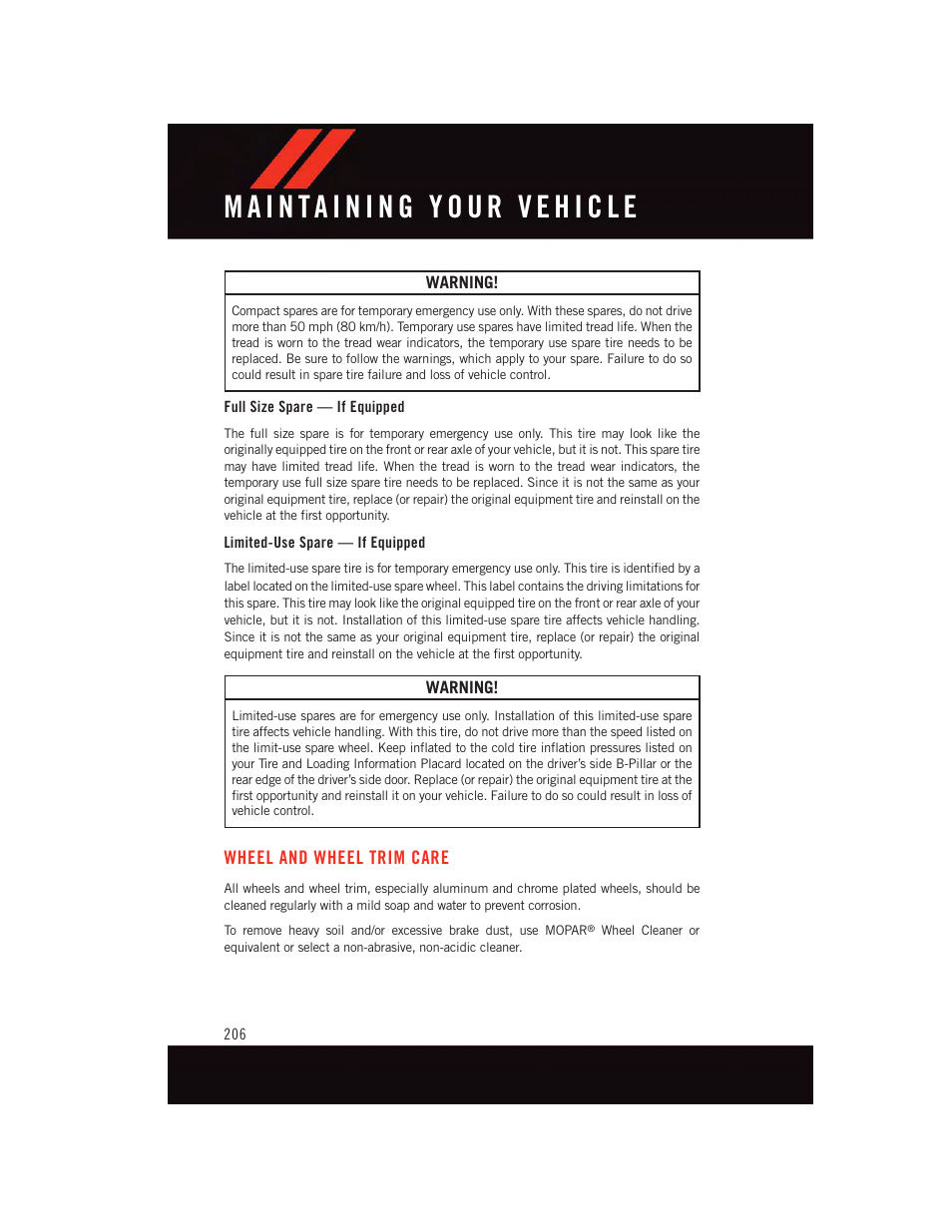 Full size spare — if equipped, Limited-use spare — if equipped, Wheel and wheel trim care | Dodge 2015 Durango - User Guide User Manual | Page 208 / 228