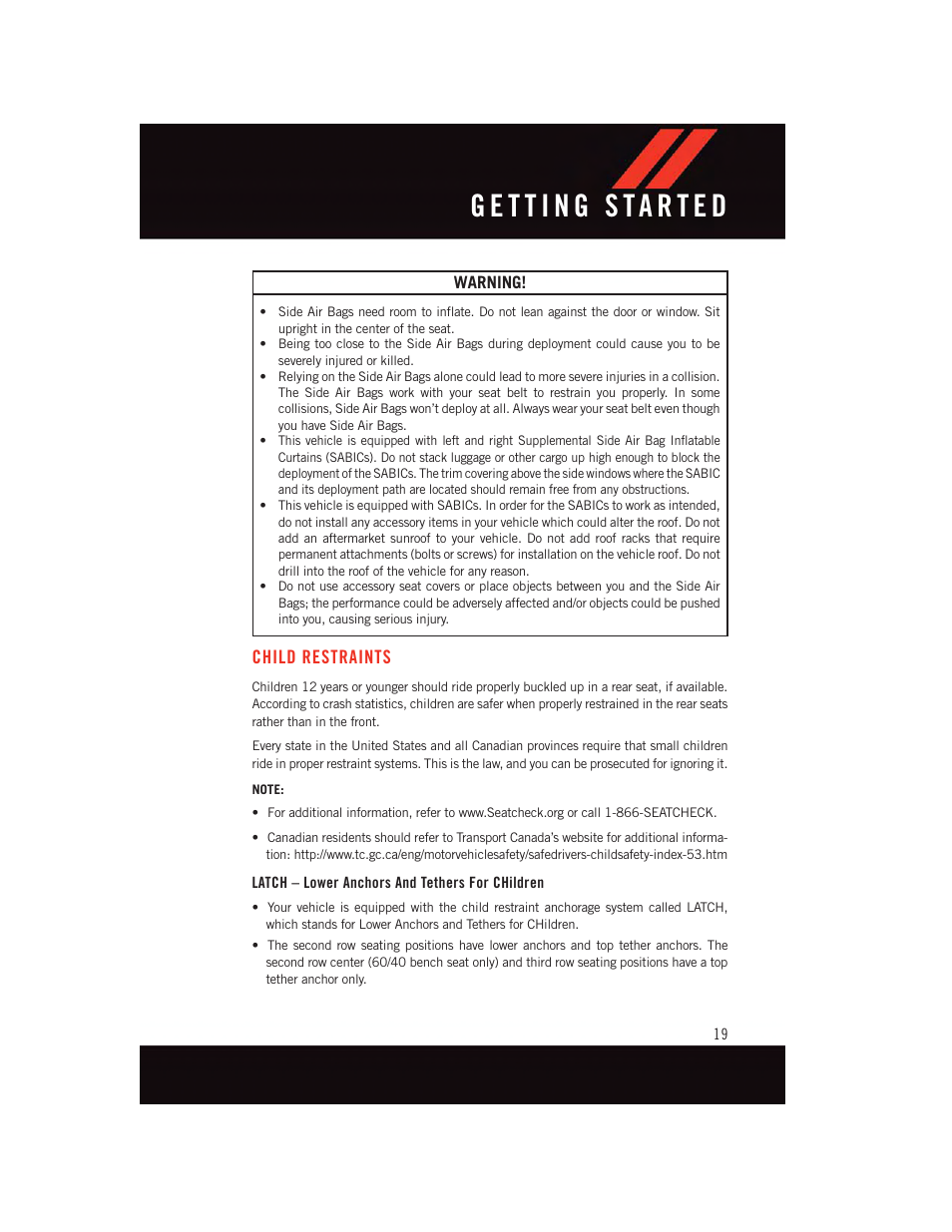 Child restraints, Latch – lower anchors and tethers for children | Dodge 2015 Durango - User Guide User Manual | Page 21 / 228
