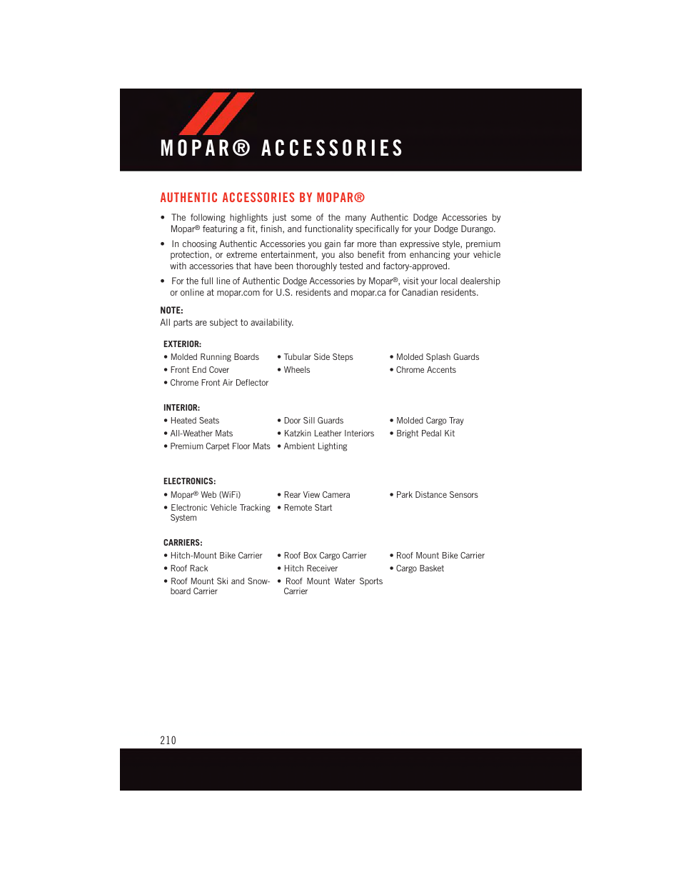 Mopar® accessories, Authentic accessories by mopar, Authentic accessories by | Mopar | Dodge 2015 Durango - User Guide User Manual | Page 212 / 228