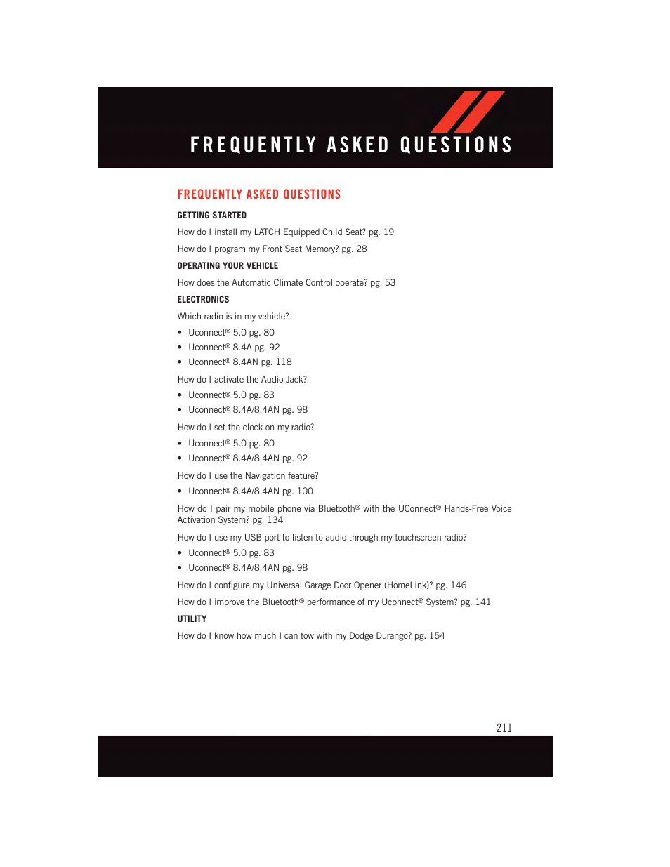 Frequently asked questions | Dodge 2015 Durango - User Guide User Manual | Page 213 / 228