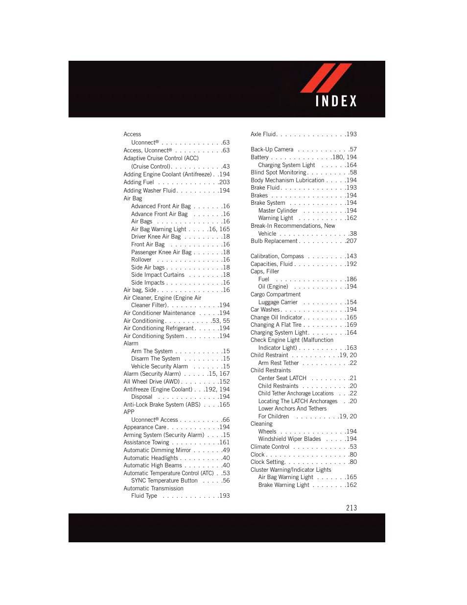 Index | Dodge 2015 Durango - User Guide User Manual | Page 215 / 228