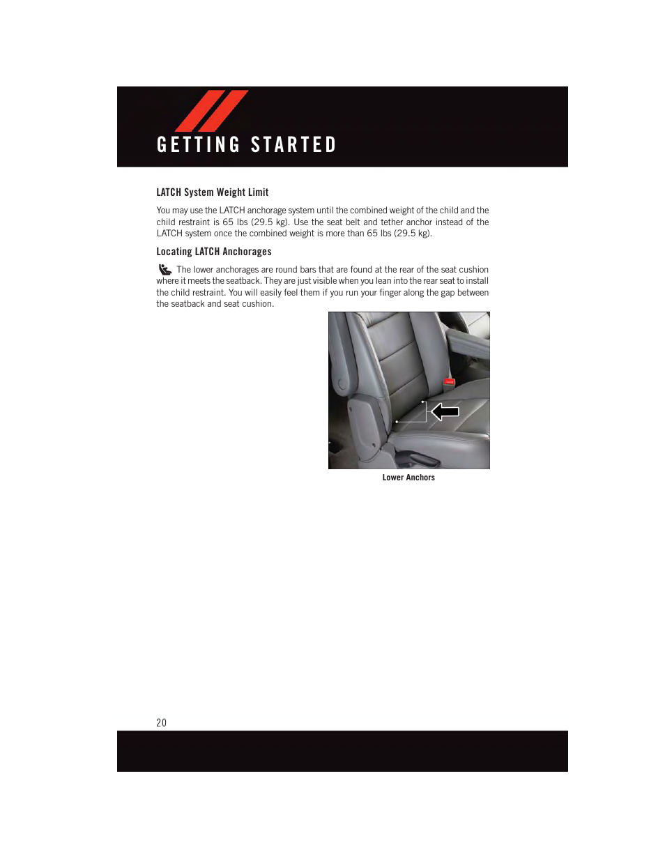 Latch system weight limit, Locating latch anchorages | Dodge 2015 Durango - User Guide User Manual | Page 22 / 228