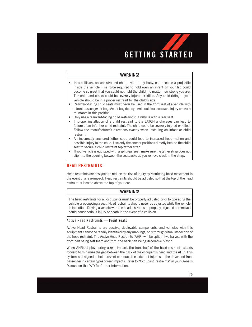 Head restraints, Active head restraints — front seats | Dodge 2015 Durango - User Guide User Manual | Page 27 / 228