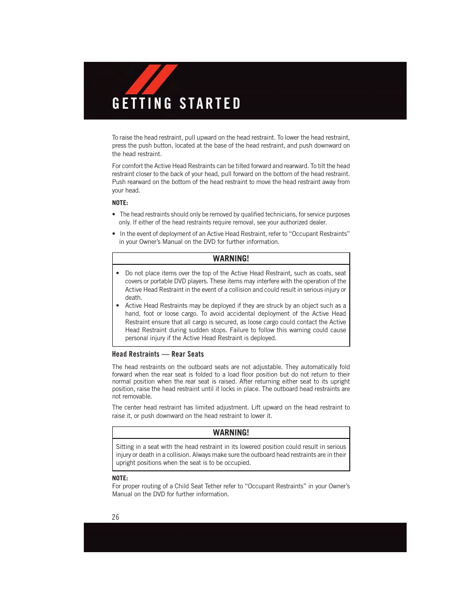 Head restraints — rear seats | Dodge 2015 Durango - User Guide User Manual | Page 28 / 228